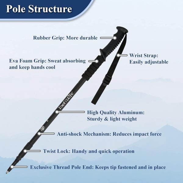 TheFitLife Nordic Walking Trekking Poles - 2 Sticks with Anti-Shock and Quick Lock System, Telescopic, Collapsible, Ultralight for Hiking, Camping, Mountaining, Backpacking, Walking, Trekking - Image 2